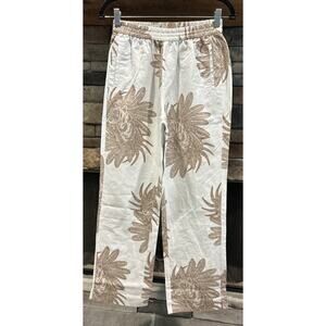 Women’s Las Surenas White/Brown Cotton Linen Blend Floral / Tiger Pants S *A7